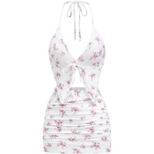 imageSHENHE Womens Y2k 2 Piece Sexy Outfits Backless Halter Crop Top and Ruched Bodycon Mini Skirt SetFloral Pink White