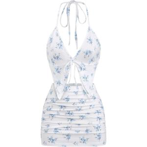 imageSHENHE Womens Y2k 2 Piece Sexy Outfits Backless Halter Crop Top and Ruched Bodycon Mini Skirt SetFloral White Blue