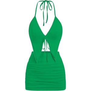 imageSHENHE Womens Y2k 2 Piece Sexy Outfits Backless Halter Crop Top and Ruched Bodycon Mini Skirt SetGreen