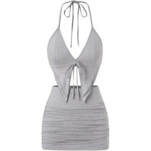 imageSHENHE Womens Y2k 2 Piece Sexy Outfits Backless Halter Crop Top and Ruched Bodycon Mini Skirt SetGrey