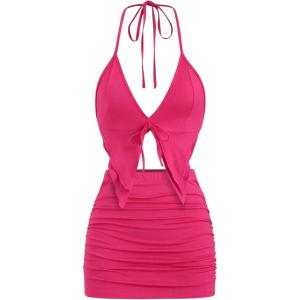 imageSHENHE Womens Y2k 2 Piece Sexy Outfits Backless Halter Crop Top and Ruched Bodycon Mini Skirt SetHot Pink