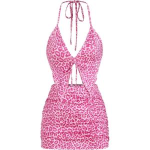imageSHENHE Womens Y2k 2 Piece Sexy Outfits Backless Halter Crop Top and Ruched Bodycon Mini Skirt SetLeopard Print Pink