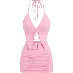 imageSHENHE Womens Y2k 2 Piece Sexy Outfits Backless Halter Crop Top and Ruched Bodycon Mini Skirt SetPink