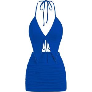 imageSHENHE Womens Y2k 2 Piece Sexy Outfits Backless Halter Crop Top and Ruched Bodycon Mini Skirt SetRoyal Blue