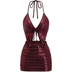 imageSHENHE Womens Y2k 2 Piece Sexy Outfits Backless Halter Crop Top and Ruched Bodycon Mini Skirt SetSequin Burgundy