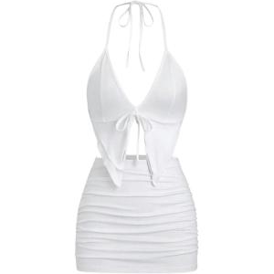 imageSHENHE Womens Y2k 2 Piece Sexy Outfits Backless Halter Crop Top and Ruched Bodycon Mini Skirt SetWhite