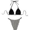 imageSHENHE Womens 2 Piece Striped Halter High Waist Tie Back Textured Sexy Bikini Set with ThongBlack and White