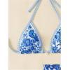 imageSHENHE Womens 3 Piece Bathing Suit Floral Halter Tie Back Thong Bikini Set with Sarong Cover UpsBlue and White