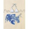 imageSHENHE Womens 3 Piece Bathing Suit Floral Halter Tie Back Thong Bikini Set with Sarong Cover UpsBlue and White