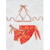 imageSHENHE Womens 3 Piece Bathing Suit Floral Halter Tie Back Thong Bikini Set with Sarong Cover UpsOrange