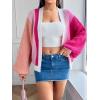 imageSHENHE Womens Color Block Open Front Long Sleeve Ribbed Knit Cropped Cardigan SweatersPink With Cami
