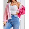 imageSHENHE Womens Color Block Open Front Long Sleeve Ribbed Knit Cropped Cardigan SweatersPink and White