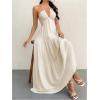 imageSHENHE Womens Deep V Neck Tie Knot Backless Halter Dress A Line Flowy Ruffle Maxi DressBeige