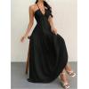 imageSHENHE Womens Deep V Neck Tie Knot Backless Halter Dress A Line Flowy Ruffle Maxi DressBlack