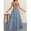imageSHENHE Womens Deep V Neck Tie Knot Backless Halter Dress A Line Flowy Ruffle Maxi DressDusty Blue