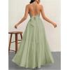 imageSHENHE Womens Deep V Neck Tie Knot Backless Halter Dress A Line Flowy Ruffle Maxi DressGreen