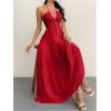 imageSHENHE Womens Deep V Neck Tie Knot Backless Halter Dress A Line Flowy Ruffle Maxi DressRed