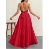 imageSHENHE Womens Deep V Neck Tie Knot Backless Halter Dress A Line Flowy Ruffle Maxi DressRed