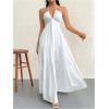 imageSHENHE Womens Deep V Neck Tie Knot Backless Halter Dress A Line Flowy Ruffle Maxi DressWhite