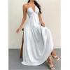 imageSHENHE Womens Deep V Neck Tie Knot Backless Halter Dress A Line Flowy Ruffle Maxi DressWhite