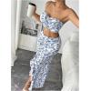 imageSHENHE Womens Floral 2 Piece Outfits Smocked Crop Tube Top and Ruched Ruffle Slit Maxi Skirt SetBlue and White