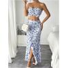 imageSHENHE Womens Floral 2 Piece Outfits Smocked Crop Tube Top and Ruched Ruffle Slit Maxi Skirt SetBlue and White