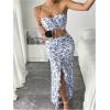 imageSHENHE Womens Floral 2 Piece Outfits Smocked Crop Tube Top and Ruched Ruffle Slit Maxi Skirt SetBlue and White