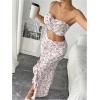 imageSHENHE Womens Floral 2 Piece Outfits Smocked Crop Tube Top and Ruched Ruffle Slit Maxi Skirt SetPink and White
