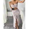 imageSHENHE Womens Floral 2 Piece Outfits Smocked Crop Tube Top and Ruched Ruffle Slit Maxi Skirt SetPink and White