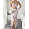 imageSHENHE Womens Floral 2 Piece Outfits Smocked Crop Tube Top and Ruched Ruffle Slit Maxi Skirt SetPink and White