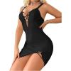 imageSHENHE Womens Ribbed Deep V Neck Floral Print Lace Trim Sexy Nightgown Chemise Slip DressBlack Solid