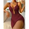 imageSHENHE Womens Ribbed Deep V Neck Floral Print Lace Trim Sexy Nightgown Chemise Slip DressBurgundy