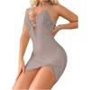 imageSHENHE Womens Ribbed Deep V Neck Floral Print Lace Trim Sexy Nightgown Chemise Slip DressGrey Solid