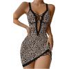 imageSHENHE Womens Ribbed Deep V Neck Floral Print Lace Trim Sexy Nightgown Chemise Slip DressLeopard Print Brown