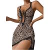 imageSHENHE Womens Ribbed Deep V Neck Floral Print Lace Trim Sexy Nightgown Chemise Slip DressLeopard Print Brown