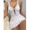 imageSHENHE Womens Ribbed Deep V Neck Floral Print Lace Trim Sexy Nightgown Chemise Slip DressPink Cherry