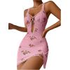 imageSHENHE Womens Ribbed Deep V Neck Floral Print Lace Trim Sexy Nightgown Chemise Slip DressPink Flower