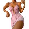 imageSHENHE Womens Ribbed Deep V Neck Floral Print Lace Trim Sexy Nightgown Chemise Slip DressPink Flower