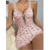 imageSHENHE Womens Ribbed Deep V Neck Floral Print Lace Trim Sexy Nightgown Chemise Slip DressPink Red Cherry