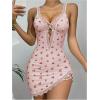 imageSHENHE Womens Ribbed Deep V Neck Floral Print Lace Trim Sexy Nightgown Chemise Slip DressPink Red Cherry
