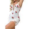 imageSHENHE Womens Ribbed Deep V Neck Floral Print Lace Trim Sexy Nightgown Chemise Slip DressWhite Cherry Print