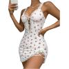 imageSHENHE Womens Ribbed Deep V Neck Floral Print Lace Trim Sexy Nightgown Chemise Slip DressWhite Red Cherry