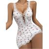 imageSHENHE Womens Ribbed Deep V Neck Floral Print Lace Trim Sexy Nightgown Chemise Slip DressWhite Red Cherry