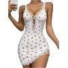imageSHENHE Womens Ribbed Deep V Neck Floral Print Lace Trim Sexy Nightgown Chemise Slip DressWhite Red Cherry