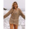 imageSHENHE Womens Swimsuit Coverup Crochet Hollow Out Bathing Suit Cover Ups Long Sleeve Split Hem Beach SwimwearSolid Khaki