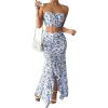 imageSHENHE Womens Floral 2 Piece Outfits Smocked Crop Tube Top and Ruched Ruffle Slit Maxi Skirt SetBlue and White
