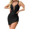 imageSHENHE Womens Ribbed Deep V Neck Floral Print Lace Trim Sexy Nightgown Chemise Slip DressBlack Solid