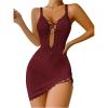 imageSHENHE Womens Ribbed Deep V Neck Floral Print Lace Trim Sexy Nightgown Chemise Slip DressBurgundy