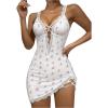imageSHENHE Womens Ribbed Deep V Neck Floral Print Lace Trim Sexy Nightgown Chemise Slip DressPink Cherry