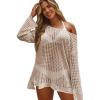 imageSHENHE Womens Swimsuit Coverup Crochet Hollow Out Bathing Suit Cover Ups Long Sleeve Split Hem Beach SwimwearApricot